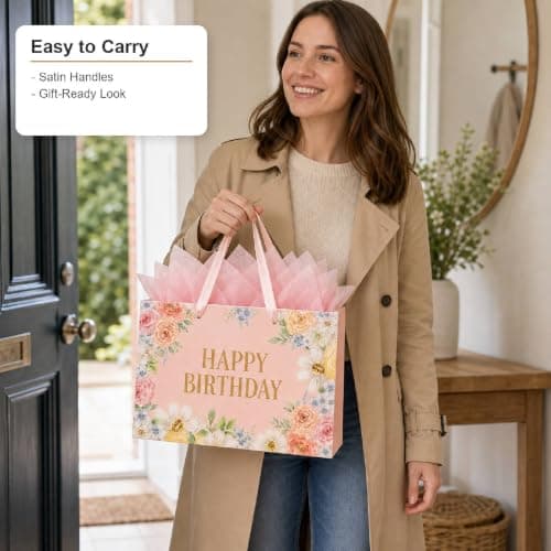 OMBRISA Birthday Gift Bag for Present 2Pcs, Happy Birthday Party Present Bags with 6 Tissue Paper and 2 Greeting Card, Luxury Paper Gift Bags, Pink Wrap Wrapping Bag for Girl Women Gift (30x12x22cm) — view 6