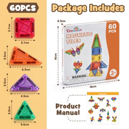 Dreamon 60 PCS Mini Magnetic Tiles Set Travel Magnetic Tiles for Kids with Iron Case Magnetics Blocks Building Toy Christmas Birthday Gift Boys Girls Age 3 4 5 6 7 8 Years — view 2