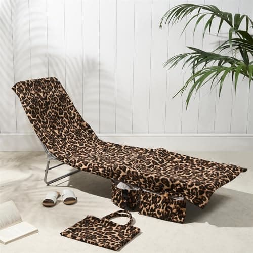 Brentfords Large Beach Towel in a Bag, Soft Quick-Dry Absorbent Lightweight Easy Storage Sun Lounger Towels with Pockets For Poolside Beach or Holiday Accessories, 75 x 215cm - Natural Leopard Print
