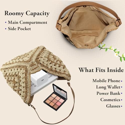 Bototack Straw Beach Bag For Women, Large Straw Bags Weave Handmade Handle Tote Bag, Bohemian Summer Straw Shoulder Bag Handbags for Travel Holiday Shopping (Light Brown) — view 6