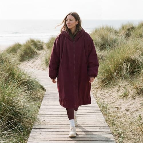 OHS Changing Robe Women's Jackets, Oversized Waterproof Jacket Fleece Lining Rain Coats for Women Drying Robe with Hood & Pockets Lightweight Ladies Jackets for Outdoor Travel, Burgundy - S/M — view 2