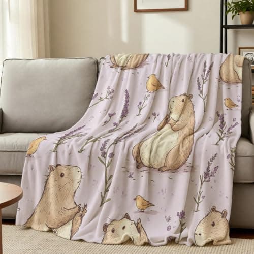 Fleece Flannel Throw Blanket for Bed Sofa Travel Soft Microfiber Blanket for Adults Kids Lightweight Capybara and lavender flowers 70 x 100 cm — view 2