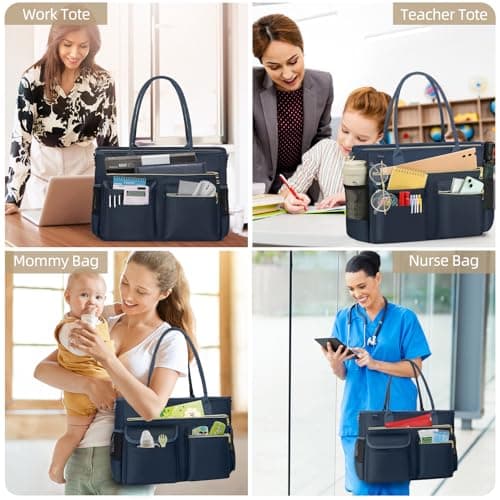 RAINSMORE Laptop Tote Bags for Women 15.6 inch Teacher Bag Large Nurse Utility Bag Computer Messenger Briefcase with Insulated Pocket for Work School Office Business University Dark Blue — view 2