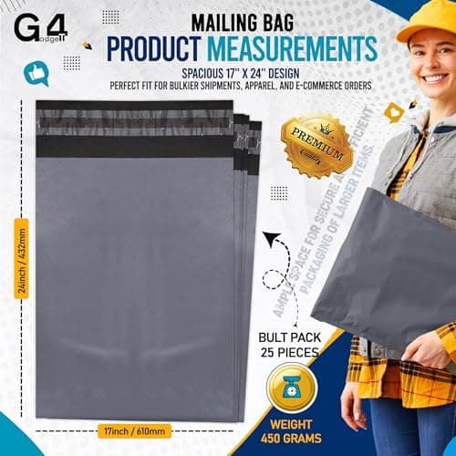 G4GADGET 25 Pack Large Grey Mailing Bags 17x24 [432mm x 610mm] – Strong Postage Bags for Clothes, Vinted Shipping, Parcel Packaging, Delivery, Mailing & Posting — view 3