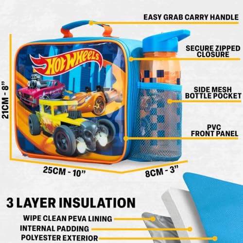 Get Trend Hot Wheels Kids Insulated Lunch Bag 3Pc Set with Bento Lunch Box & 640ml BPA-Free Water Bottle with Straw, Kids Snack Box with Compartments, School Supplies Boys Gifts (Multi Hot Wheels) — view 4