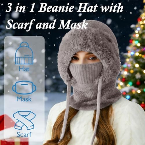 Qoibraze 3 in 1 Beanie Hat for Women Winter Warm Knitted Cap with Neck Warmer Windproof Ajustable Knit Hat and Scarf Set for Women Khaki — view 2