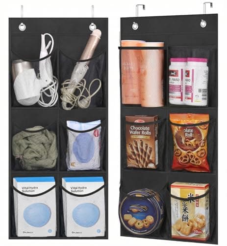 MISSLO 2 Packs Narrow Door Shoe Storage Over Door Organiser Small Hanging Shoe Rack Holder Hanger for Wardrobe with Clear Mesh Pocket for Bathroom, RV, Pantry, Camping (Black)