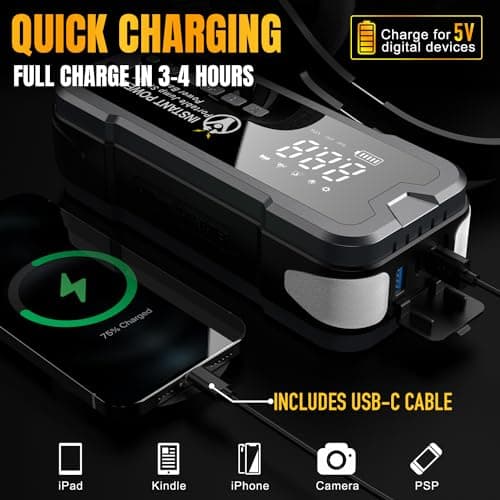 Instant Power Jump Starters - Jump Starter Power Pack and Air Compressor 4000 Amp 12 Volt - Portable Jump Starter Power Pack, Car Battery Jump Start 12-Volt Power Bank, 150PSI for Cars Vans Motorbikes — view 5