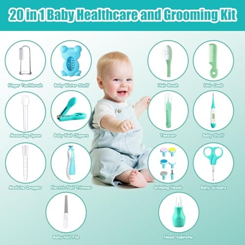 Baby Healthcare and Grooming Kit, 26 in 1 Portable Baby Safety Care Set with Hair Brush Comb Nasal Aspirator Electric Nail Trimmer Set Baby Essentials kit for Newborn Boys Girls (Green 26 in 1) — view 2