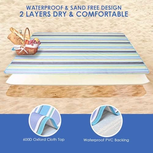 Brillirare Beach Picnic Blanket, Large Sandfree Waterproof Camping Blankets, Foldable Sandproof Oxford Mat, Oversized Packable Family Outdoor Mats for Camping Park Travel Grass Concert-Blue — view 3