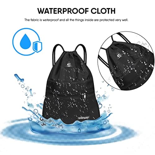 Drawstring Gym Sport Bag String Waterproof Pocket Zipper Sack Backpack for Women Men Travel Kit Bag for Hiking School Students PE Bag Outside Swimming Adult Beach Holidays (Black) — view 3