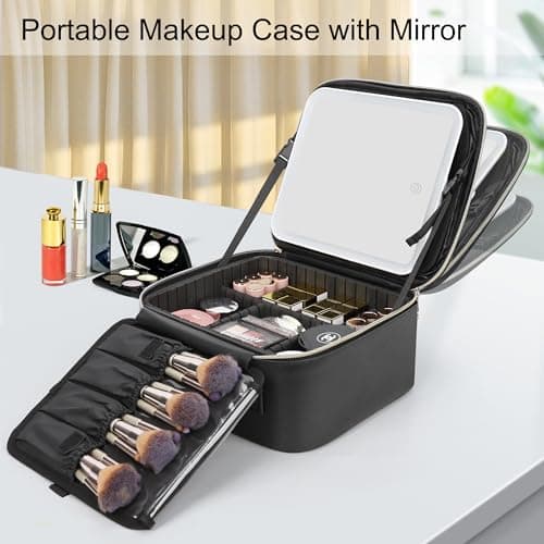 Makeup Bag with LED Mirror-3 Colors Modes Travel Makeup Organiser Black — view 3