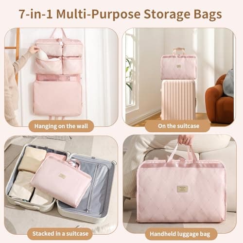 7-in-1 Travel Storage Bag, Foldable Hanging Packing Cube with Compartments for Clothes, Pink (Pink) — view 6