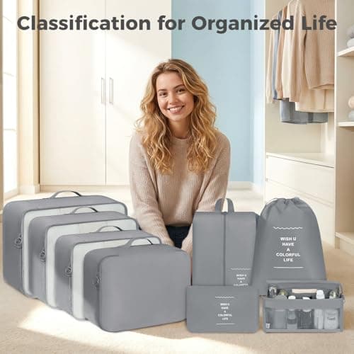 BAGAIL 8-Piece Packing Cubes Set, Travel Organizers with Breathable Mesh & Shoe Bag, Lightweight Nylon Packing Organisers for Luggage Suitcase, 9 Colors - Grey — view 2