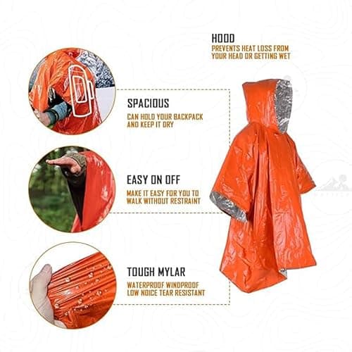 Emergency Survival Poncho (4pc) Thermal Mylar Foil Coating Blanket for Heat Retention and Rain | Reversible with Hood | Waterproof, Windproof, Portable (UK, Numeric, 40, Regular, Regular, orange) — view 4