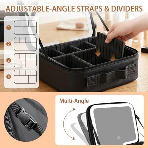 Travel Makeup Bag with LED Mirror - Cosmetic Bag Makeup Organizer Bag with 3 Color Adjustable Light, Detachable Mirror, Waterproof Makeup Case with Adjustable Dividers for Women — view 2