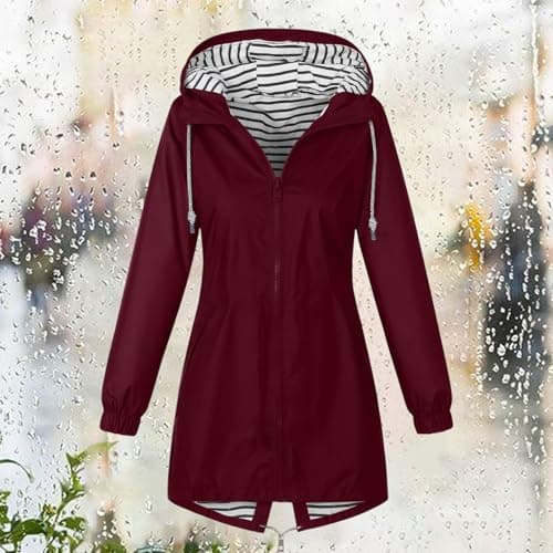 Womens Waterproof Jackets Wine Jacket Windbreaker Travel Windproof Loose Light Rain Coat With Pocket Outdoor Walking Hiking Womens Raincoat Ladies Coats Hooded Rainproof Zipper — view 3