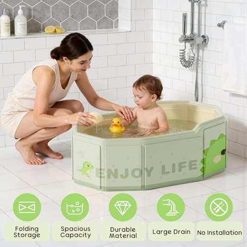Xynzanic Foldable Baby Bath, Collapsible Baby Bathtub 3M-8Y, Portable Travel Baby Bath Tub with Non-Slip Base, Pop Up Folding Newborn Toddler Shower Tub, Space Saving, Dinosaur — view 3