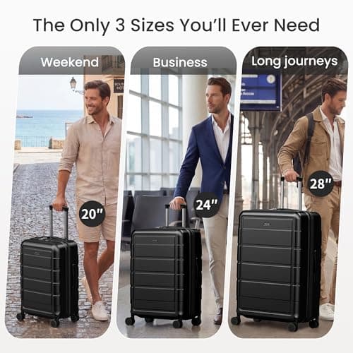 SHOWKOO Luggage Set 3 Piece Hardshell PC Expandable Suitcase, Black — view 6