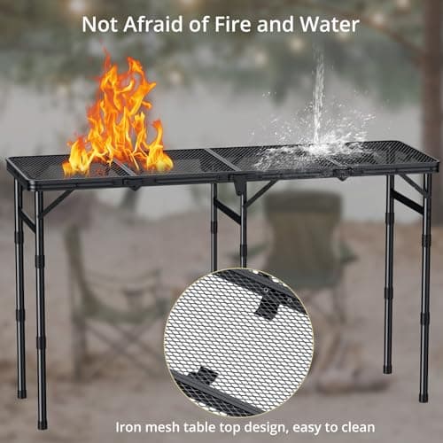 Anbte Folding Grill Table, 3 Adjustable Height Folding Camping Table with Heat-Resistant Mesh Tabletop, Lightweight Portable Handle for RV Camping, Outdoor Garden BBQ, 116 x 40cm, Black — view 4