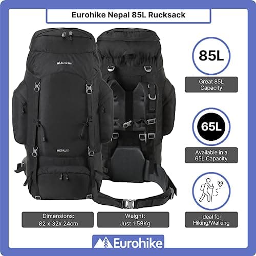 Eurohike Nepal 85 Litre Rucksack with Ventilated Back Panel & Padded Harness, 85L Backpack, Bag for Men & Women, Adjustable, Lightweight, Camping, Hiking, Trekking, Travelling, Outdoor, Black — view 2