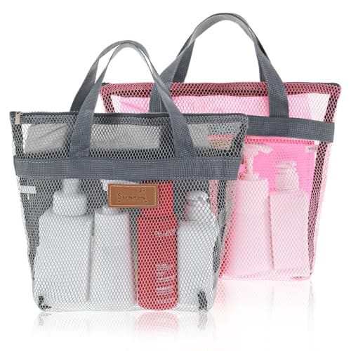 oruola 2 Pcs Shower Bags Women,Mesh Shower Caddy Bag,Quick Dry Portable Gym Showers Bag with Zipper for Travel,Gym,Swimming,Camping,College Dorms,Beach (Grey & Pink)