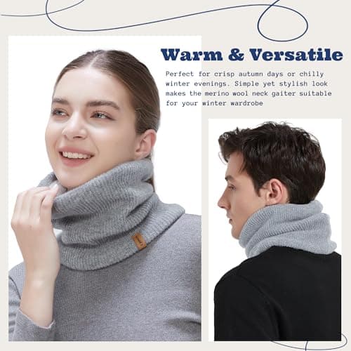 ACUSHLA 100% Merino Wool Neck Gaiter, Lined Winter Neck Warmer, Light Grey — view 2