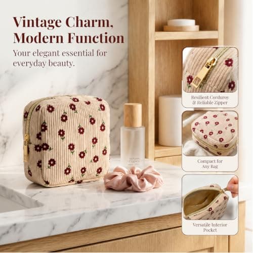 Livzikaroa Small Make Up Bag for Handbag, Red Floral Corduroy Cosmetic Pouch with Metal Zip, 13 X 13 X 4 Cm, 40 G Travel Toiletry and Sanitary Pad Holder for Women — view 4