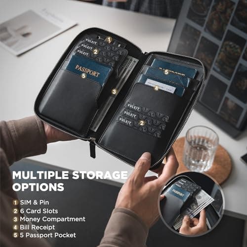 VULKIT Leather Passport Holder Family Travel Document Organizer with RFID Blocking Travel Wallet Slim Dual Slots SIM Card and Multiple Card Holders for Men and Women (Black) — view 4