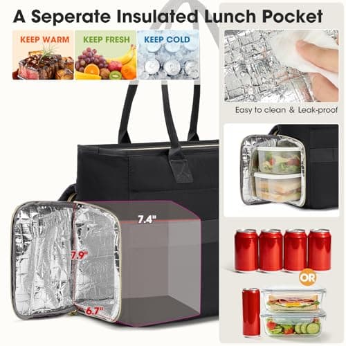 RAINSMORE Teacher Tote Bag for Women with Lunch Compartment 15.6 inch Laptop Bag Large Nurse Bag with Insulated Section Water-Resistant Lunch Bag Work Handbag for Office, College, Travel, Black — view 3