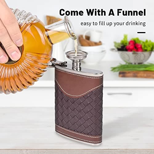 LHD HOME Hip Flasks for Men 8oz Leather Flask Gift Set,304 Stainless Steel Flask Set w/Funnel Shot Glasses Lovely Gift for Whiskey Rum Groomsman Best Man Usher Wedding Camping-Leather Stripe Black8oz — view 5