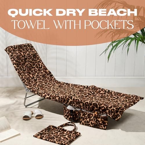 Brentfords Large Beach Towel in a Bag, Soft Quick-Dry Absorbent Lightweight Easy Storage Sun Lounger Towels with Pockets For Poolside Beach or Holiday Accessories, 75 x 215cm - Natural Leopard Print — view 2