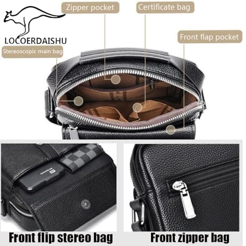 Men's Genuine Leather Shoulder Bag, Retro Crossbody Messenger Bag, Casual Travel Satchel with Adjustable Strap, Business Daily Use for Phone Wallet Keys Passport (Black) — view 6