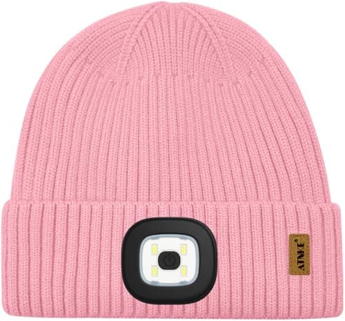 ATNKE Kids LED Lighted Beanie Hat,USB Rechargeable 4 LED Running Headlamp Hands Free Head Torch Cap with Light Winter Warm Fleece Lined Knit Beany Gifts for Boys and Girls/Pink — view 2