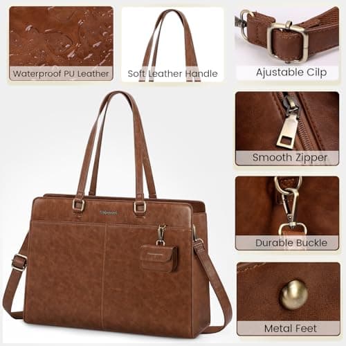 RAINSMORE Laptop Bag for Women 15.6 Inch Work Tote Bags Waterproof PU Leather Handbag Shoulder Bags Business Office School Briefcase Vintag Brown — view 4