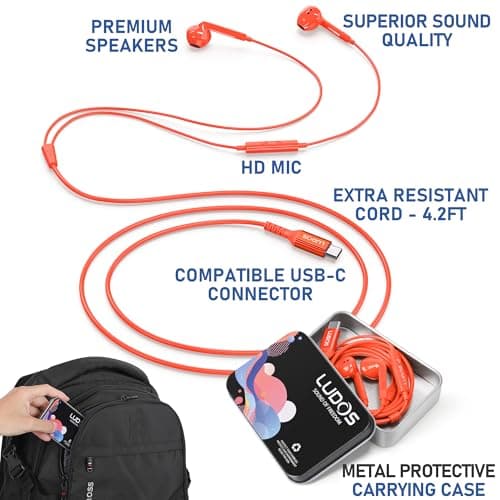 Ludos FEROX USB C Headphones, 5 Years Warranty, USB-C Earbuds for iPhone 16 15 Pro Max Plus Samsung Galaxy S24 S23 Ultra S22 S21 FE S20 Z Flip 3 Fold 4 A53 A54, USB Type C Earphones for iPad - Coral — view 3