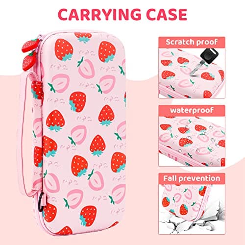 FANPL Carrying Case for Nintendo Switch and Switch OLED Accessories, Pink Strawberry Travel Case Bundle with Adjustable Shoulder Strap, Thumb Grips, Hard Switch Protective Case Cover Anti-Scratch — view 2