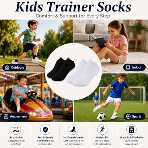 ArkXani Kids Trainer Socks, 3 Pairs, Low Cut, Sports Running, School Socks, Boys Girls, Casual (UK Size 12-3, Black) — view 3