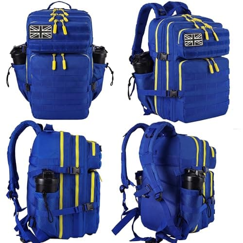 LHI Military Tactical Backpack for Men and Women 45L Large waterproof Rucksack for School, Hiking, Trekking, Hunting - Blue with yellow zipper — view 3