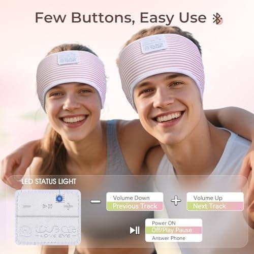 LOVE EYE Sleep Headphones Headband, Soft Skin-Friendly Sleep Mask with Ultra-Thin HD Stereo Bluetooth Speakers, Wireless Music Headband for Sleeping, Travel & Yoga, Pink Striped Design — view 4