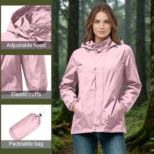Womens Waterproof Jacket, Lightweight Packable Rain Jacket Hooded Drawstring Outdoor Jackets, Breathable Casual Loose Windbreaker Raincoat for Hiking Travel Rainy Commute Hill Walking — view 3