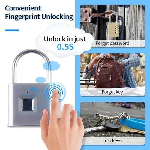TenixLox Fingerprint Padlock with Emergency Key, IP66 Waterproof Smart Padlock,Biometric High Security Lock for Gym Locker, Drawer Locker, Storage Units, Luggages, Suitcases — view 2