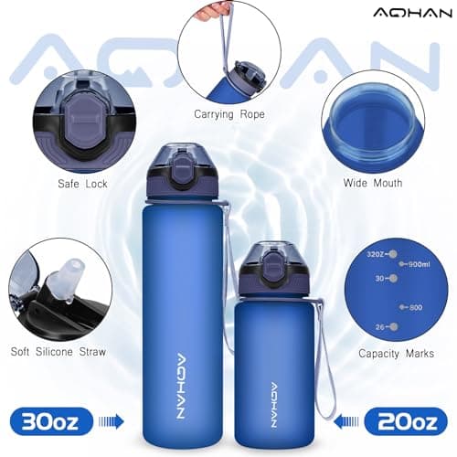 AOHAN Water Bottle 1L with Leak Proof Flip Top Lid, BPA Free Sport Drinking Bottle with Straw, Dishwasher Safe Water Bottle Non-Toxic Water Jug with Carrying Strap — view 2