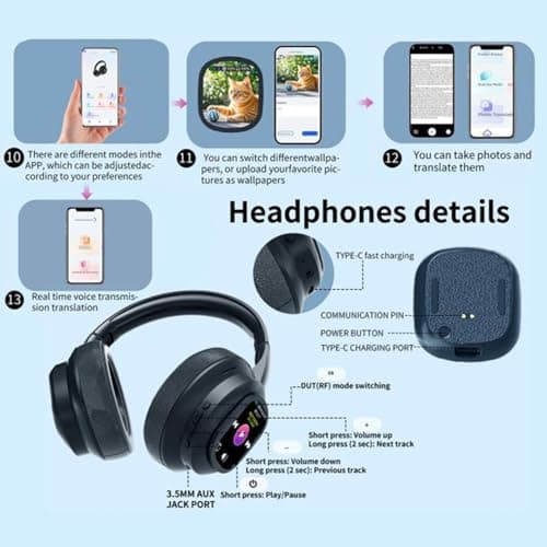 Tosuny AI Translation Wireless Headphones with Detachable LCD Touchscreen, 115 Language Translation, Built in Flashlight & Photo Control, 7.1 Channel, HiFi Stereo, for Travel — view 3