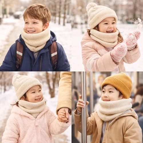 Snood Neck Warmer, Thick Knitted Tube Scarf, Cream And White, 1 Pack — view 2