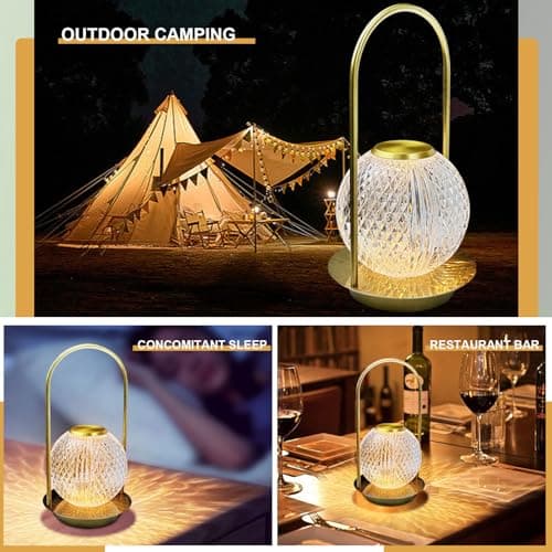 Cordless Rechargeable Table Lamp - Protable Metal Gold Table Lamp, Crystal Vintage Lantern Table Touch Light, 3 Color Stepless Dimming Battery Operated Light for Indoor Outdoor, Camping, Bedroom(Gold) — view 5