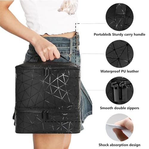 BYLife Black Large Makeup Bag, Nail Polish Organiser - Holds 30 Bottles Double-Layer Travel Storage Bags Waterproof PU Cosmetic Bag with Adjustable Dividers for Manicure Tools Storage — view 5