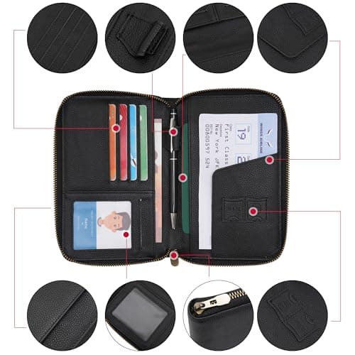 WASON Leather Zipper Travel Passport Wallet Holder RFID Blocking Cover, Passport case Pocket Slot for Card, Cash, ID, Boarding Pass and Ticket for Men, Women and Family Trips (Black) — view 4