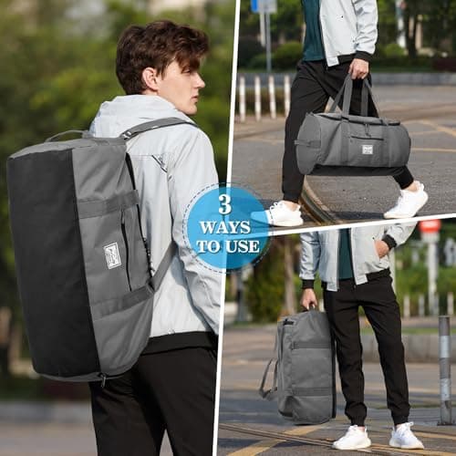 Lyweem Sports Gym Bag Men - 60L Large Travel Duffle Bag with Shoe Compartment, Weekend Holdall Bags, Overnight Duffel Bag Backpack, Grey — view 3