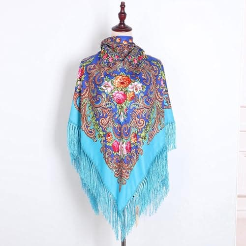 Women Lady Muslim Folk Custom Print Tassel Square Scarf Wrap Shawl Travel Scarve (Mint Green, One Size) — view 3